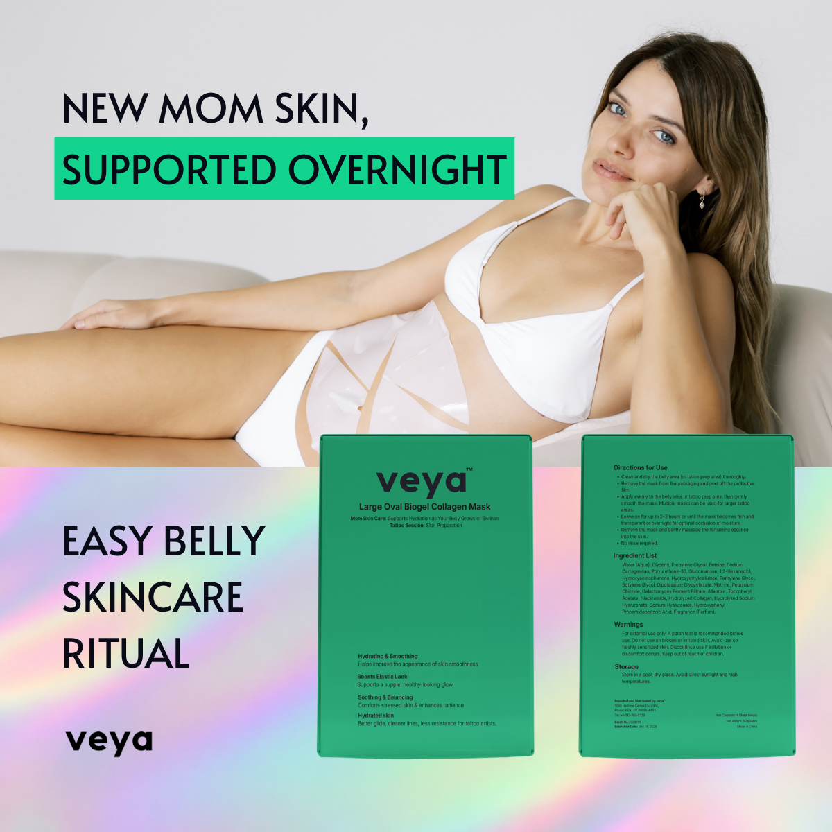 VEYA Biogel Collagen Belly Mask, evening belly skincare ritual for new moms